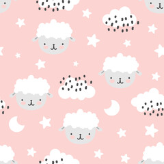 Cute endless design with hand drawn sheep on a pastel pink background with clouds and stars, kids fabric seamless pattern