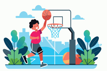 Boy playing basketball, attempting to score a basket