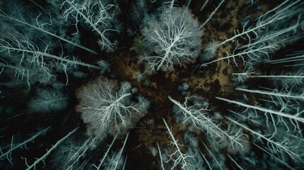 Aerial Shot of a Haunting Group of Dead Trees in the Forest