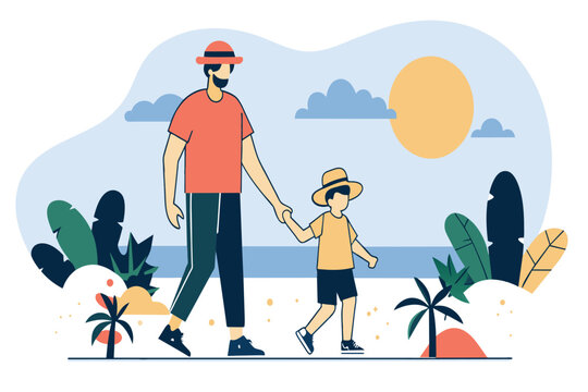 Dad and child holding hands on a tranquil beach stroll