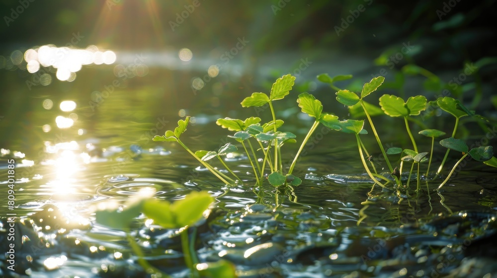 Wall mural plants growing on the sunlit surface of a tiny river