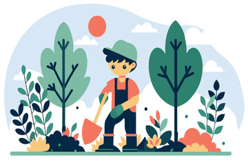 A boy plants trees in a lush, green setting