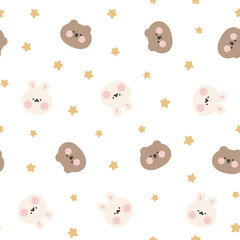 Cute hand drawn teddy bears and rabbits seamless pattern with golden stars, neutral kids background