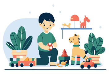 A happy child engaged with various colorful toys