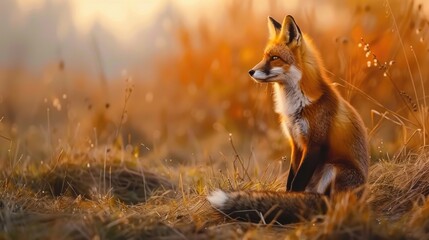 Obraz premium Wild red fox sitting closely in nature