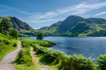 Fototapeta na wymiar Picturesque Trail: Discover UK's Best Hiking Routes with Majestic Mountain Views and Tranquil Lakes