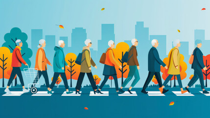 ​Silver Economy : Illustration of diverse people walking across a crosswalk in an urban setting with autumnal trees, representing the hustle and bustle of city life in fall.