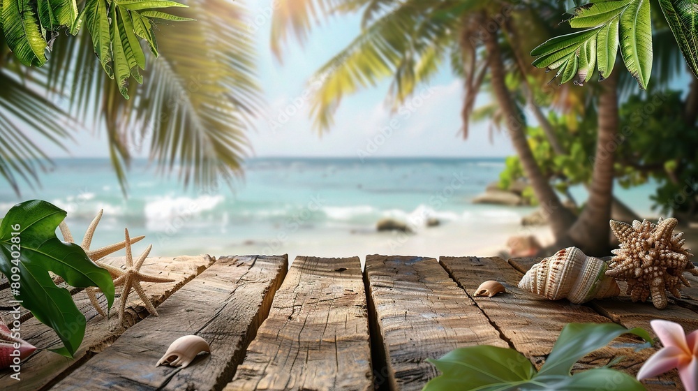 Poster wooden table scene with coconut palm trees swaying in the ocean