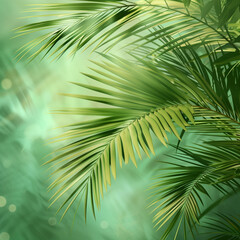 Obraz premium a 3D digital art piece portraying green palm leaves against a background that creates an enchanting and dreamy atmosphere, accentuated by soft lighting. Utilize blurred or transparent color