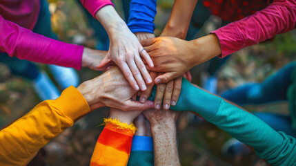 Obraz premium ​Sharing Economy : A group of people with diverse clothing placing their hands together in the center, symbolizing teamwork, unity, and collaboration among individuals from different backgrounds.