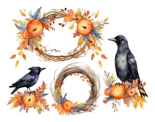 Halloween decor element watercolor illustration set. Hand drawn festive halloween collection.