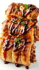 Barbecue-flavored sausage rolls, stuffed with smoky pulled pork, colorful barbecue glaze on top, ideal for gatherings, isolated on white