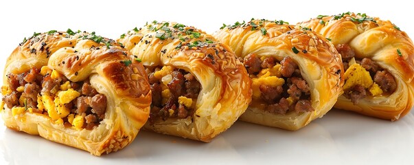 Breakfast sausage rolls with scrambled eggs and cheddar, perfect brunch treat, colorful and hearty, isolated on a white background