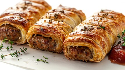 Classic pork sausage rolls, crisply baked with thyme, served with a side of apple sauce, comforting and delicious, isolated on white