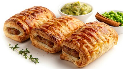 Classic British sausage rolls, flaky and golden, served with a side of bright pea puree, traditional and delicious, isolated on white