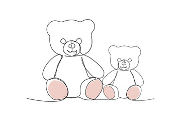 Cute teddy bears one-line art drawing. Teddy toy continuous outline vector.