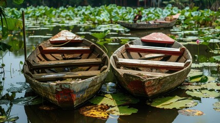 Obraz premium Traditional boats in a lotus pond in the Mekong delta