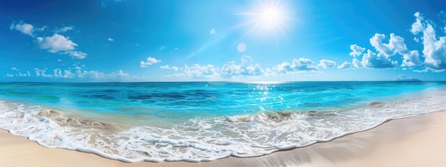 Pristine Beach Panorama: Clear turquoise water, sunny sky, serene atmosphere 