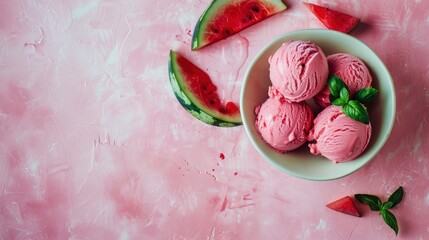 Bowl with watermelon ice cream on light background generative ai