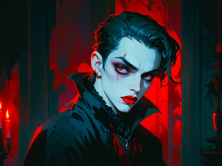 Digital Portrait Illustration of a Beautiful Male Vampire, AI Generative