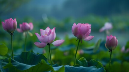 Fototapeta premium Amidst the obscurity, the lotus flowers emerge as beacons of beauty, their serene presence casting a spell of tranquility in the dimness.