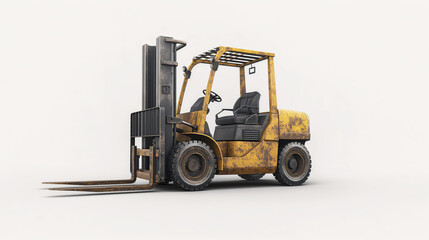 The yellow forklift truck is isolated on a white background. The truck is old and rusty, with a scratched and dented body. The tires are worn and the paint is peeling. - obrazy, fototapety, plakaty