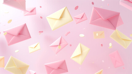 This 3D vector illustration features charming pink and yellow envelopes, accompanied by cute stars and bubbles floating around them. The design is crafted in the style of pastel colors, lending a soft