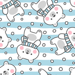 Kawaii cute white cartoon polar bear with pink cheeks and pastel blue scarf, kids seamless hand drawn pattern backgroud or textile, decor print design