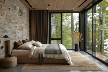 Modern mountain cabin interior, earthy tones and minimalist design, sustainable living with natural light in a rustic setting.