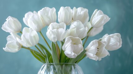 Artistic close-up of pure white tulips elegantly arranged in a clear glass vase, highlighted against a soft blue background, studio lit
