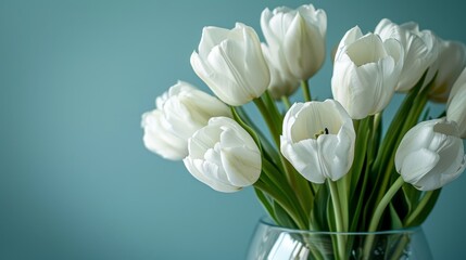 Artistic close-up of pure white tulips elegantly arranged in a clear glass vase, highlighted against a soft blue background, studio lit
