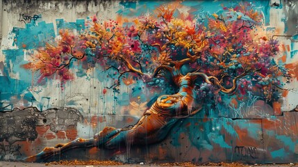 Artistic graffiti of a tree with sprawling branches on a wall, vivid colors isolated by clean...