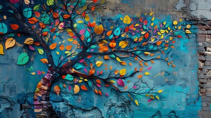 Artistic graffiti tree sprawling across a wall, featuring vibrant leaves and branches, isolated background with studio lighting