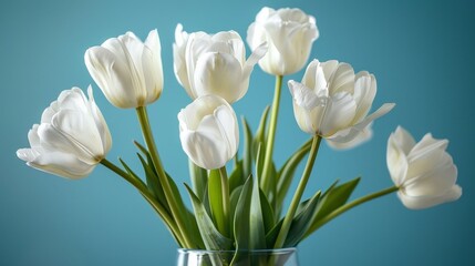 Close-up view of white tulips in a glass vase against a serene blue background, isolated with studio lighting for a clear, detailed look