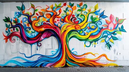 Detailed graffiti tree mural on a wall, colorful branches and foliage under studio lighting, set against a clean, isolated background
