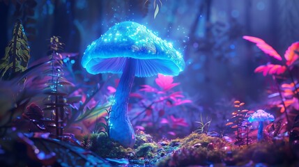 Enchanting scene of a glowing blue mushroom surrounded by brightly colored neon plants, casting a magical glow