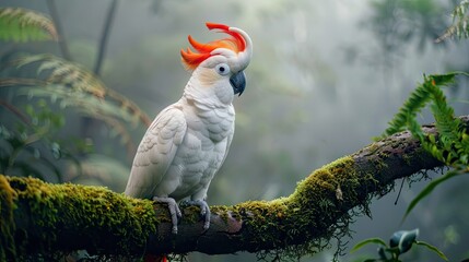 Generate an image of a curious Palm Cockatoo inspecting its surroundings while standing on a moss-covered branch in a misty forest 
