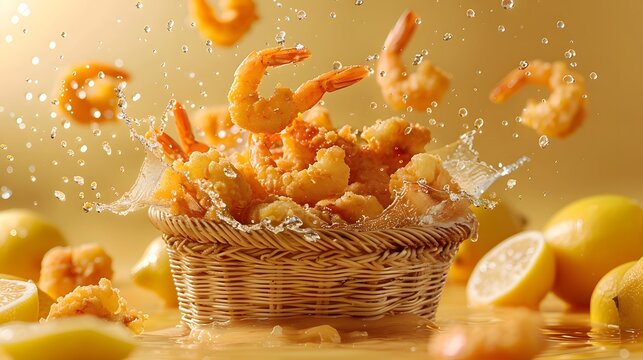A basket of deep-fried prawns splashes into the air with lemon slices around it. The background is a light yellow and the atmosphere exudes a fresh food aroma.