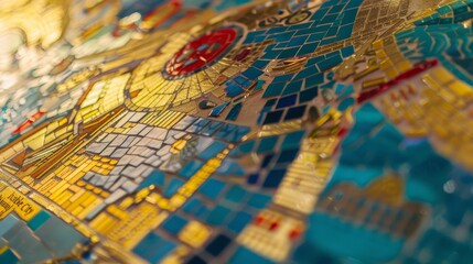 Intricate Mosaic Art Piece of "Invisible City" in Blue, Gold, Red