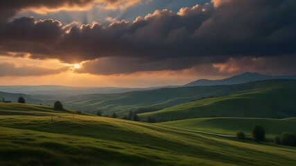 panorama of mountainous countryside at sunset. country road through rolling hills in to the distance. heavy clouds over the ridge. beams of lite from the heaven. beautiful and mysterious landscape 