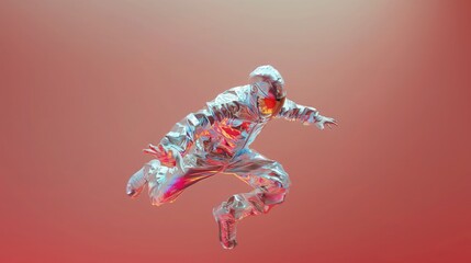 Obraz premium Expressive 3D characters captured mid-air in dynamic leaps with aluminum astronaut suit. Best for ads banner.