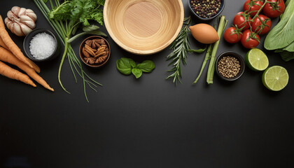 top view herbs, vegetables, with plain black background, with empty copy space,