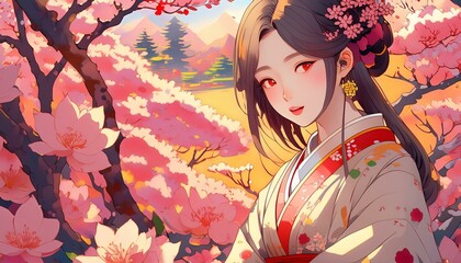 Fototapeta premium 綺麗な花の背景に立つ着物の女性
