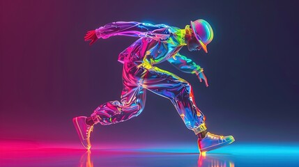 Expressive 3D characters captured in dynamic motion with glossy plastic aluminum or chrome clothing. Best for advertising banners.