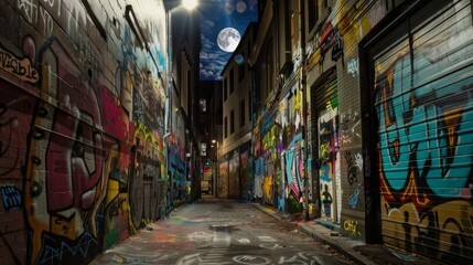 Invisible City Street Art Alley with Vibrant Graffiti Murals Under Full Moon AI Generated.
