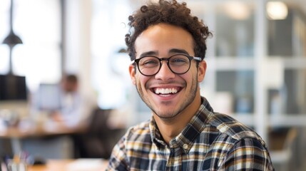 Fototapeta premium Young man in office laughing at camera