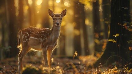 A beautiful deer stands in the middle of a sunlit forest - Powered by Adobe