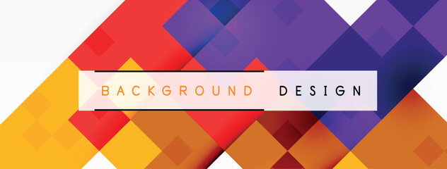 A creative arts background design featuring colorful squares in various shapes like triangles, rectangles, and an electric blue color palette with tints and shades of red, magenta, and symmetry