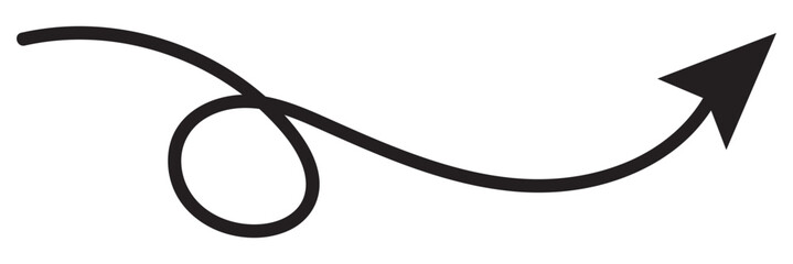 Hand drawn long arrow. Vector doodle icon. Cute linear hand drawn arrow icon. Funny vector black and white arrow icon. Vector illustration