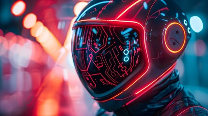 Futuristic Helmet with Intricate Neon Lighting in Vibrant Editorial Photography